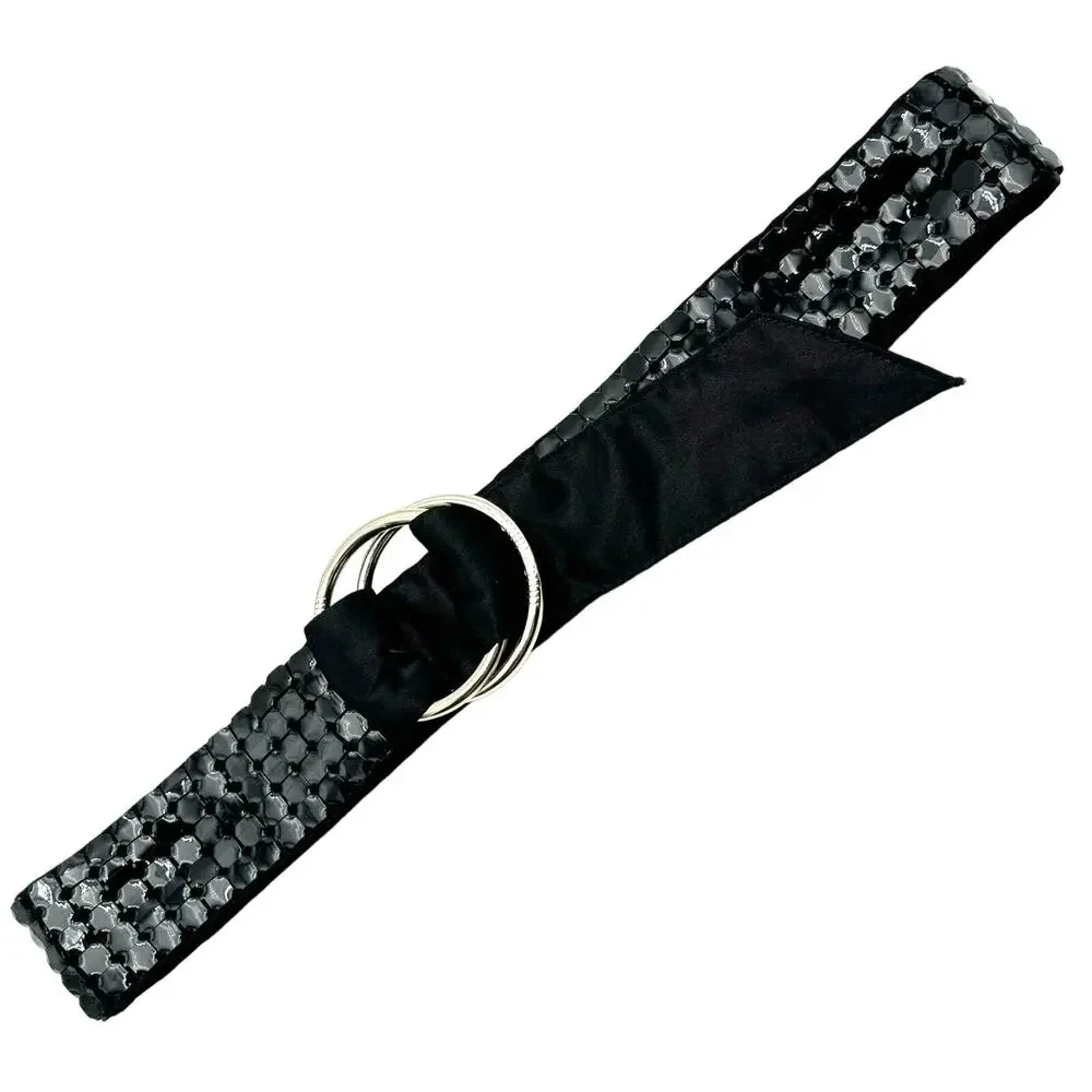 SHIH SHIH Stephanie Lin Black Satin Sequin Silver Metal O-ring Tie Belt 40